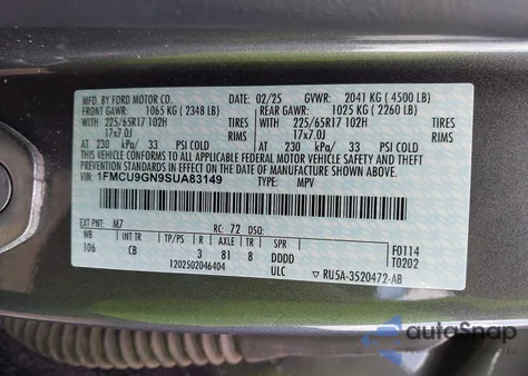 2025 Ford Escape Active из США, поврежденный, VIN 1FMCU9GN9SUA83149